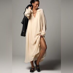 NWT ANTHROPOLOGIE Long Sleeve Sheer Pleated Maxi Dress Neutral‎ XS-M